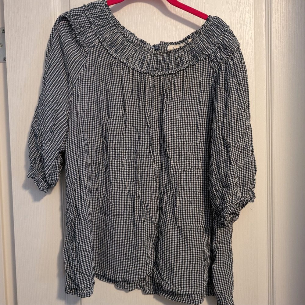 Fat Face 3/4 Sleeve Black/White Gingham Blouse